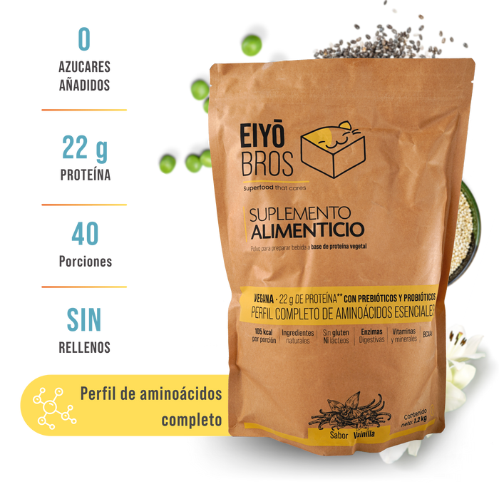 Proteina Vegetal Empaque 100% Biodegradable En Polvo (Vegana) 22.6 gr por porción Sabor Vainilla 20 servicios 600 gr Proteina con vitaminas, minerales, enzimas digestivas