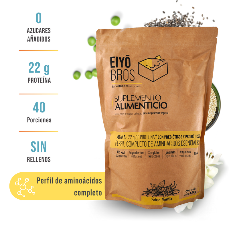 Proteina Vegetal Empaque 100% Biodegradable En Polvo (Vegana) 22.6 gr por porción Sabor Vainilla 20 servicios 600 gr Proteina con vitaminas, minerales, enzimas digestivas