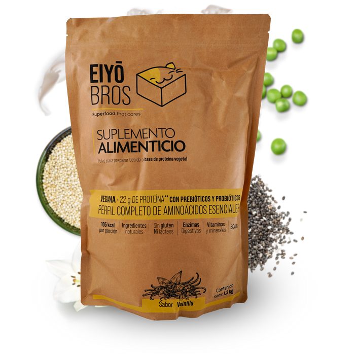 Proteina Vegetal Empaque 100% Biodegradable En Polvo (Vegana) 22.6 gr por porción Sabor Vainilla 20 servicios 600 gr Proteina con vitaminas, minerales, enzimas digestivas