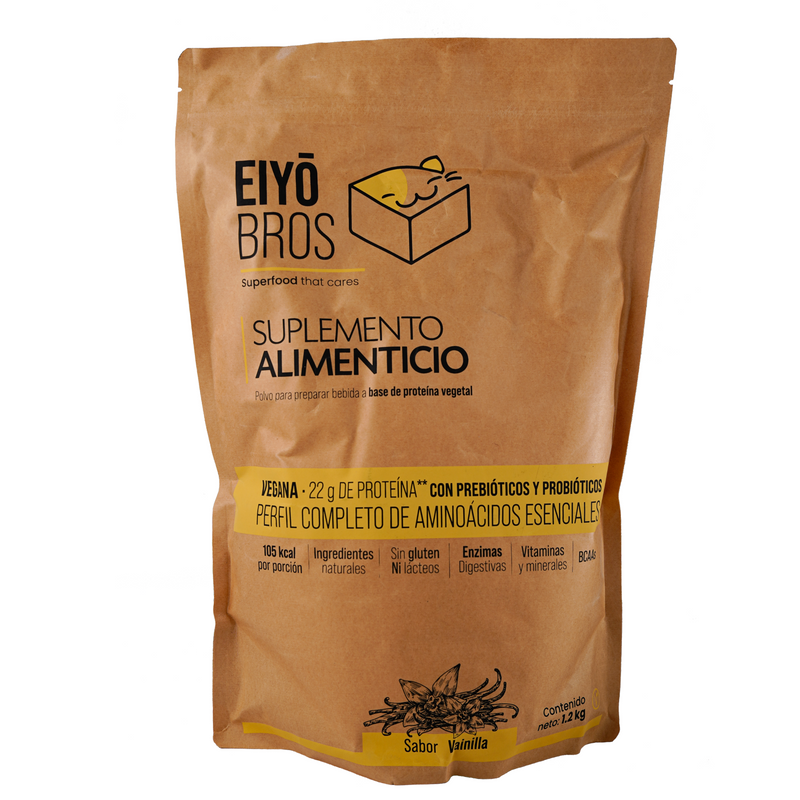 Proteina Vegetal Empaque 100% Biodegradable En Polvo (Vegana) 22.6 gr por porción Sabor Vainilla 20 servicios 1.200 gr Proteina con vitaminas, minerales, enzimas digestivas