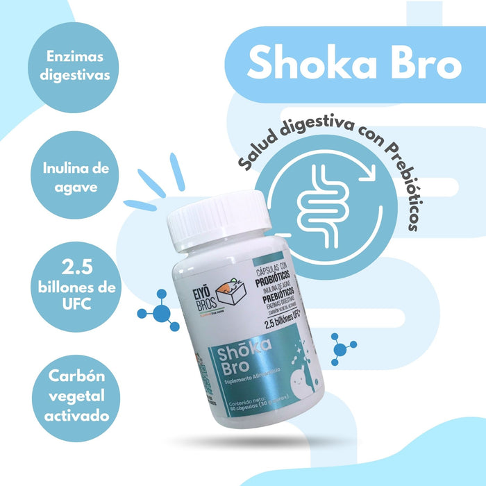 Shoka con Prebióticos, Inulina de Agave, Probióticos, Enzimas Digestivas, Carbón Activado 1.5 billones UFC