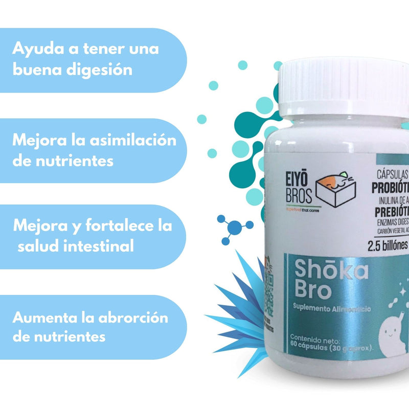 Shoka con Prebióticos, Inulina de Agave, Probióticos, Enzimas Digestivas, Carbón Activado 1.5 billones UFC