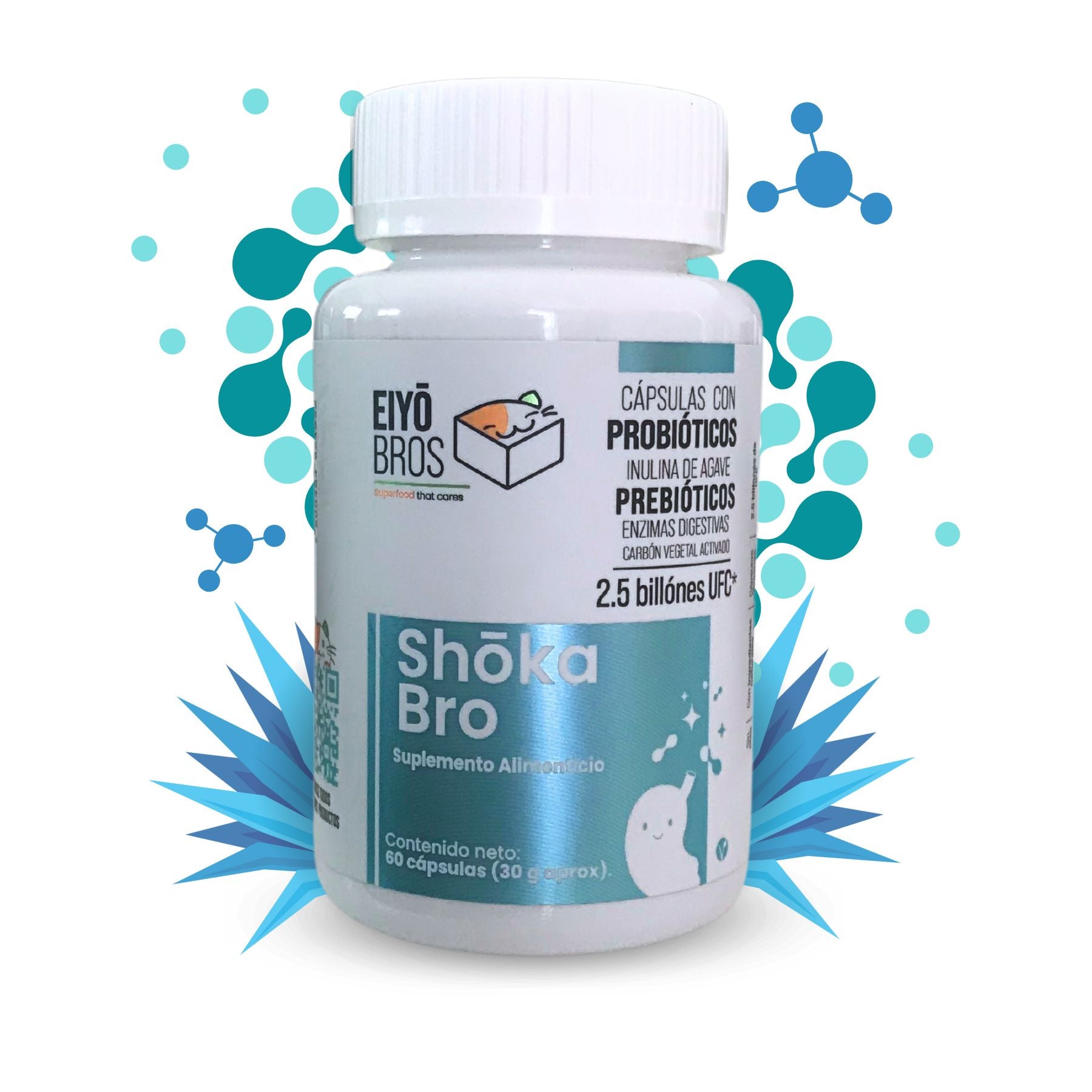 Shoka con Prebióticos, Inulina de Agave, Probióticos, Enzimas Digestivas, Carbón Activado 1.5 billones UFC