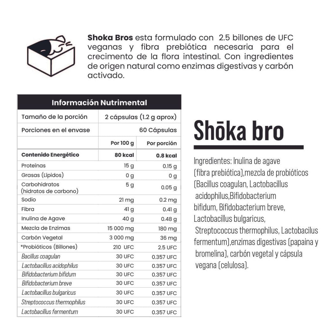 Shoka con Prebióticos, Inulina de Agave, Probióticos, Enzimas Digestivas, Carbón Activado 1.5 billones UFC