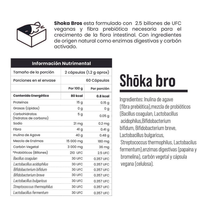 Shoka con Prebióticos, Inulina de Agave, Probióticos, Enzimas Digestivas, Carbón Activado 1.5 billones UFC