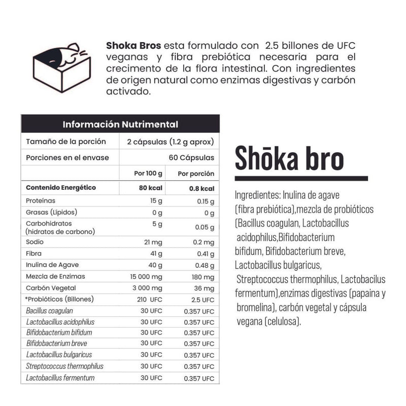 Shoka con Prebióticos, Inulina de Agave, Probióticos, Enzimas Digestivas, Carbón Activado 1.5 billones UFC