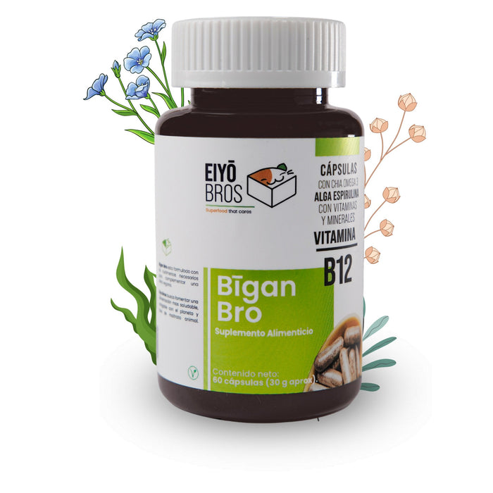 Bigan Suplemento de Vitamina B12, Alga Espirulina, Omega 3, Chia, Vitaminas y Minerales Salud Cardiovascular y Dietas Veganas - Family Cbd Mexico