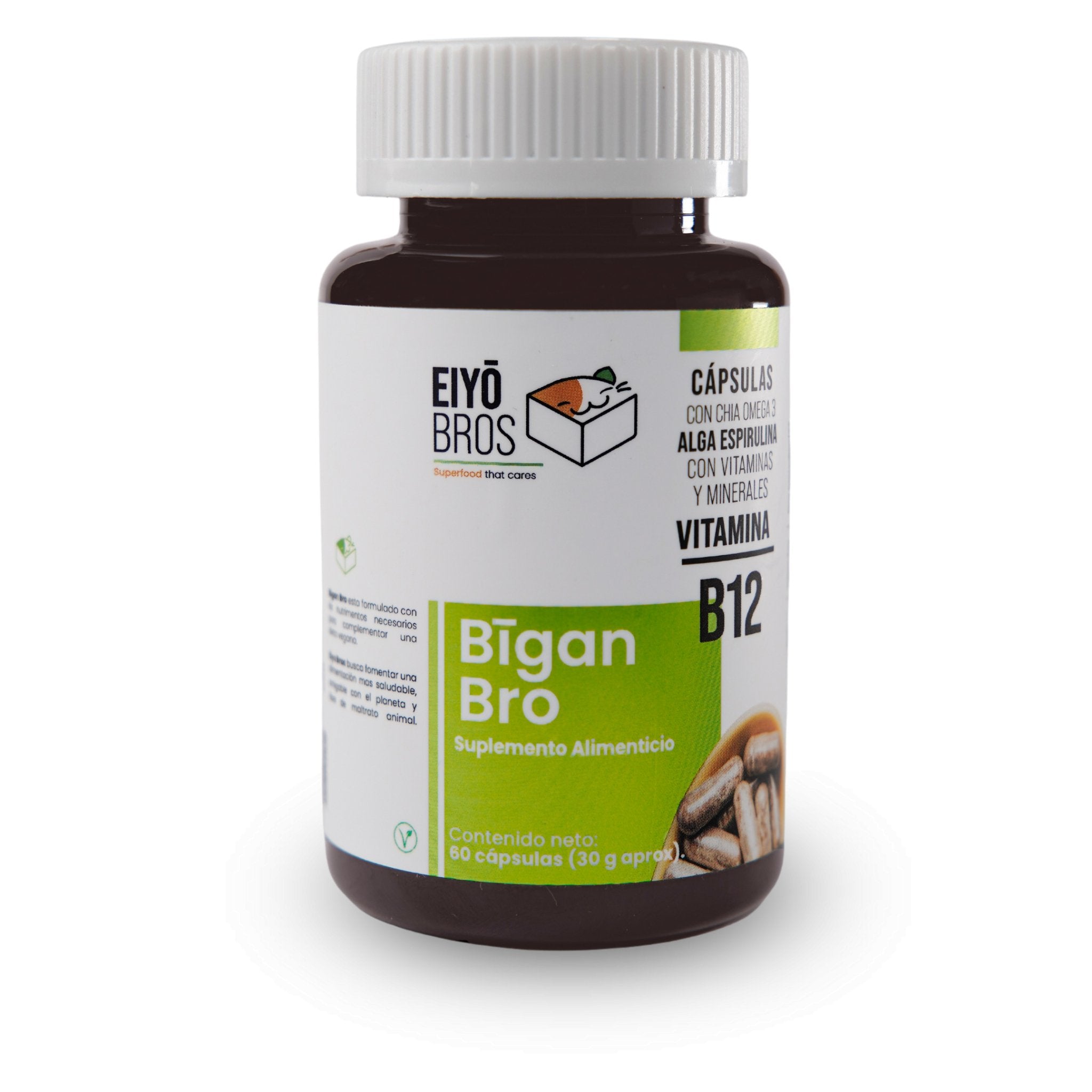 Bigan Suplemento de Vitamina B12, Alga Espirulina, Omega 3, Chia, Vitaminas y Minerales Salud Cardiovascular y Dietas Veganas - Family Cbd Mexico